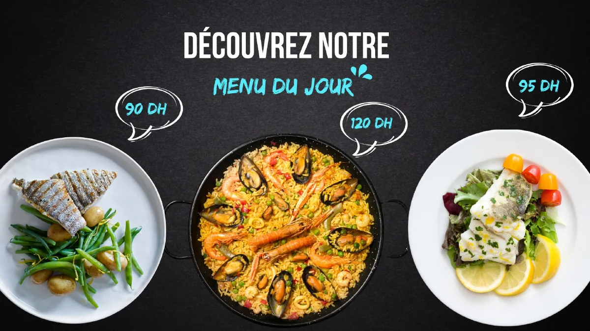 Modèle d’écran ZinaView : menu du jour avec trois plats et leurs prix en dirhams